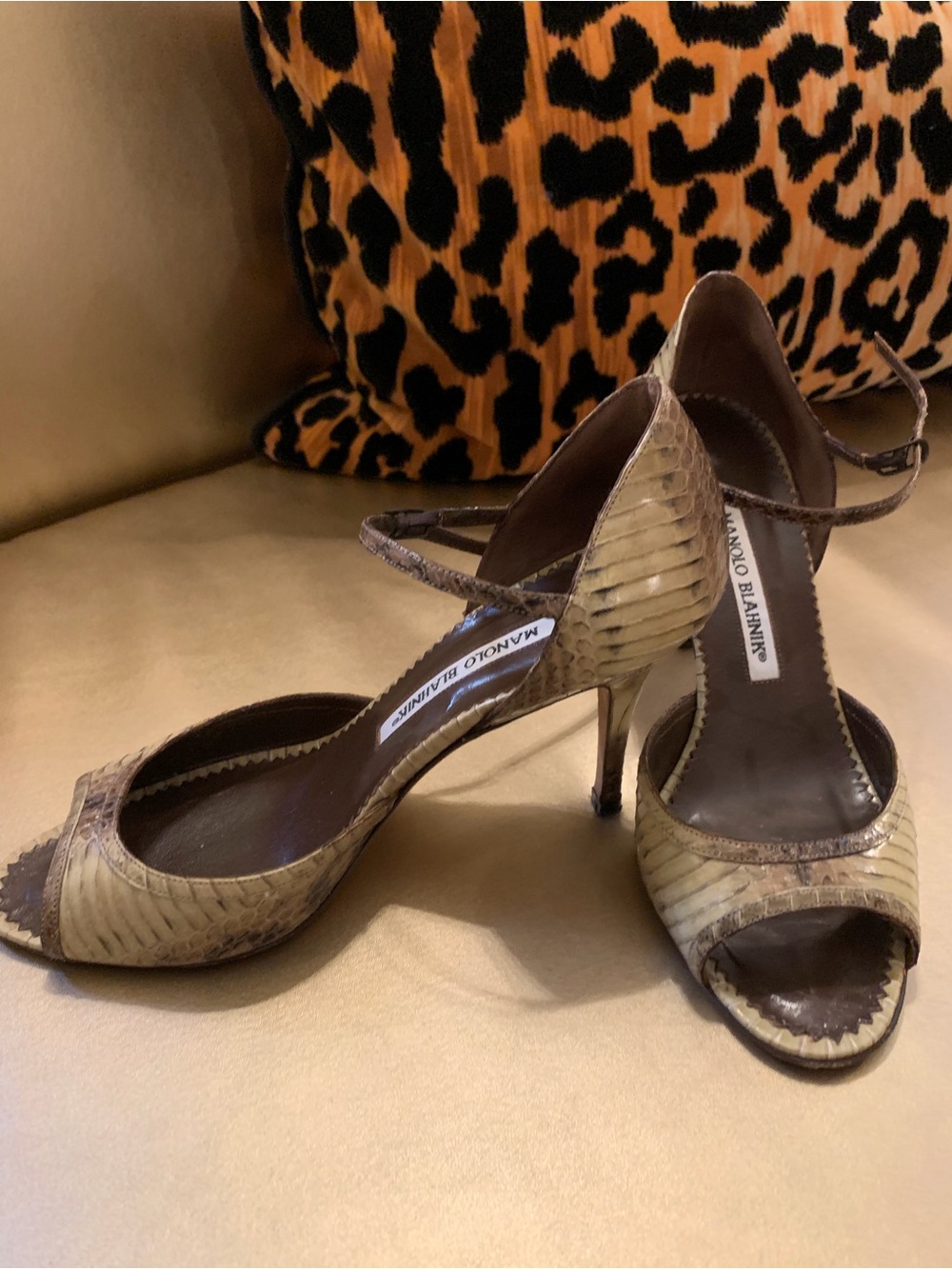 Vintage Manolo Blahnik D'Orsay Snakeskin Peep-Toe Heels with Ankle Strap